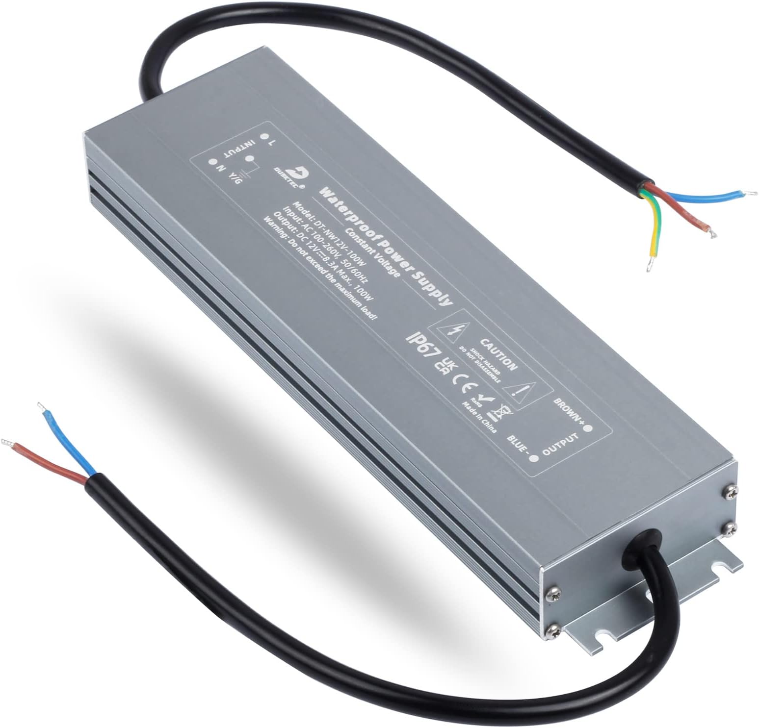 DUSKTEC Slim LED Transformer 12V 100W, IP67 LED Driver 8.33A Power Supply, AC 240V to 12V DC Waterproof Constant Voltage Adapter for Outdoor LED Bulbs Strip Lights