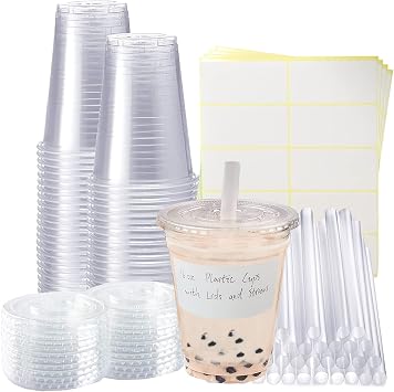 16oz Clear Plastic Iced Coffee Cups with Lids Straws, 50 Sets Boba Cups | Iced Coffee Cups with Straws and Stickers, For Cold Drinks, Juice, Bubble Boba Tea, Smoothie, Milkshake