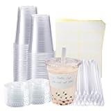 Xlong 50 Sets Clear Plastic Cups With Flat Lids,16oz Disposable Iced Coffee Cups with Straws and Stickers,Plastic Cups for Iced Coffee,Cold Drinks,Juice, Bubble Boba Tea,Smoothie, Milkshake