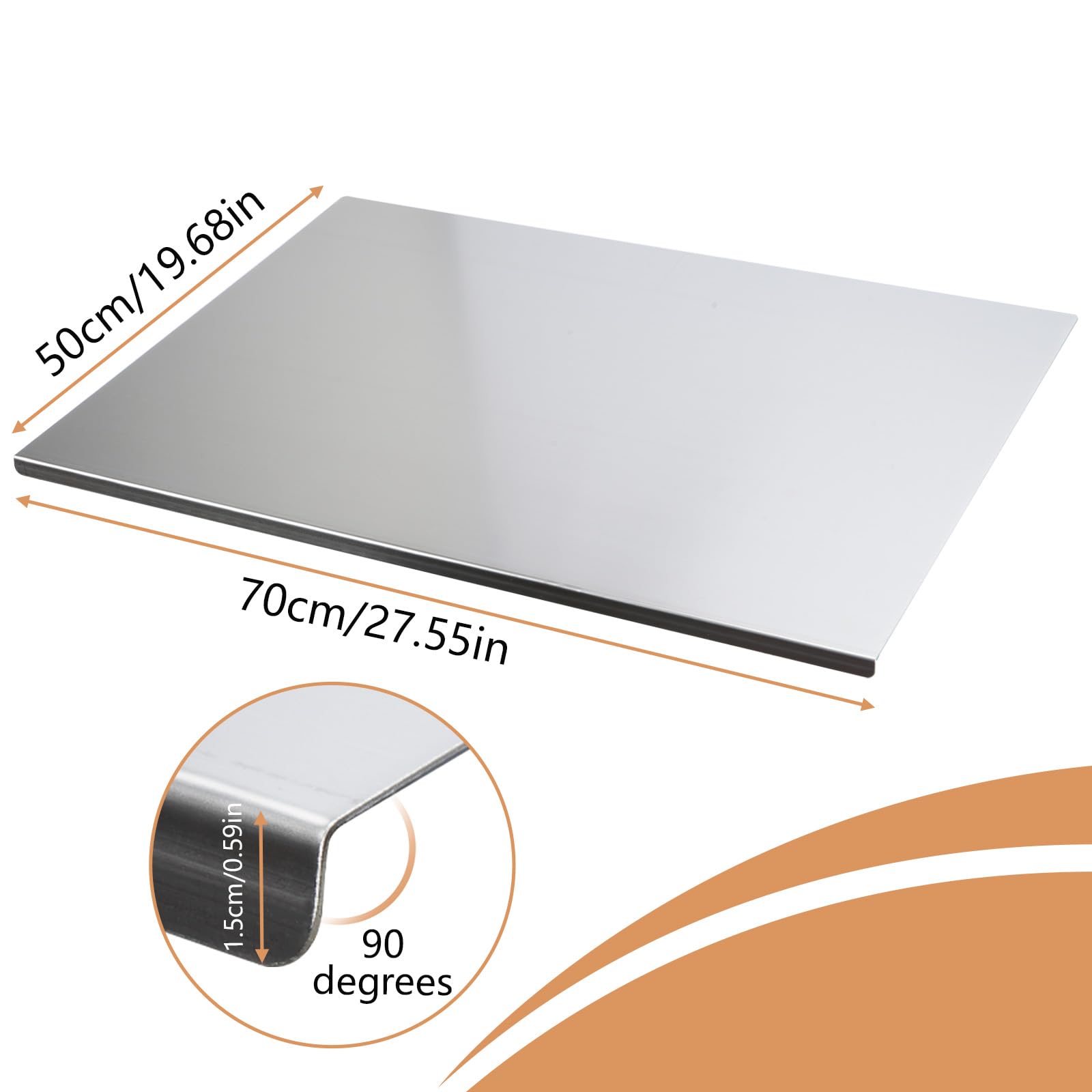 Encimera de acero inoxidable para cocina, 70 x 50 cm, tabla de amasar de acero inoxidable, tabla de cortar profesional, tabla de cortar pizza, tabla de pasta, tabla de pasta para cocina, bar,