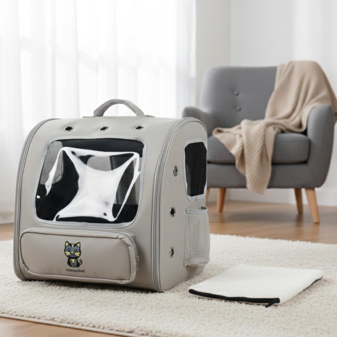 Sac de Transport pour Chat avec fenêtre panoramique – Structure Rigide, Ventilation Multiple – 45×30×40 cm (Gris foncé)