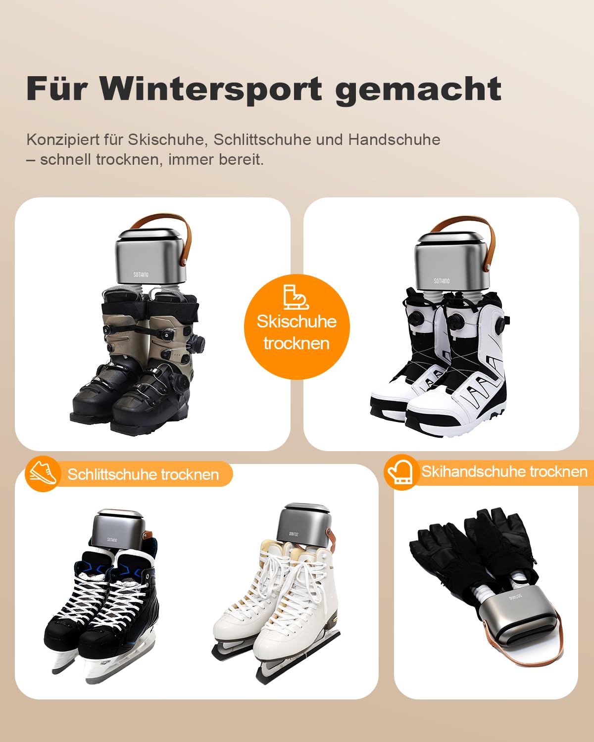 SOTHING Schuhtrockner Elektrisch, 95W Schnelles Trocknen mit 3 Heizstufen, Schuhtrockner Ozon Frischemodus, 1–9H Timer, Ausziehbare Schläuche & Überhitzungsschutz – Tragbarer Skischuhtrockner