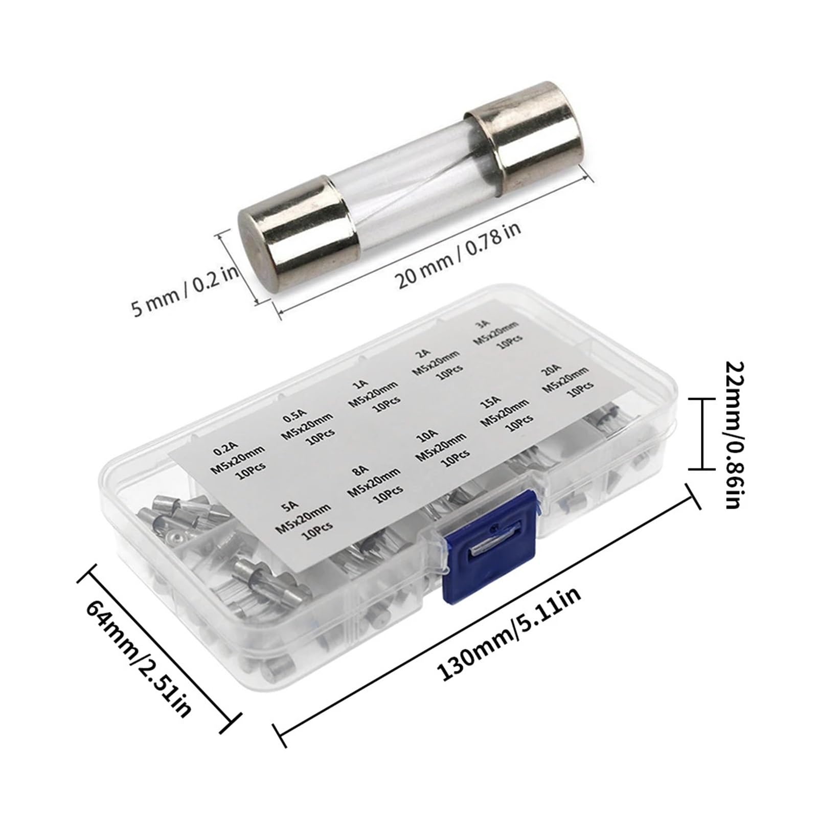Kit assortito di fusibili a tubo vetro da 100 pezzi, ampere 0,2 A-20 A, a fusione rapida, 250 V, confezione con scatola immagazzinaggio