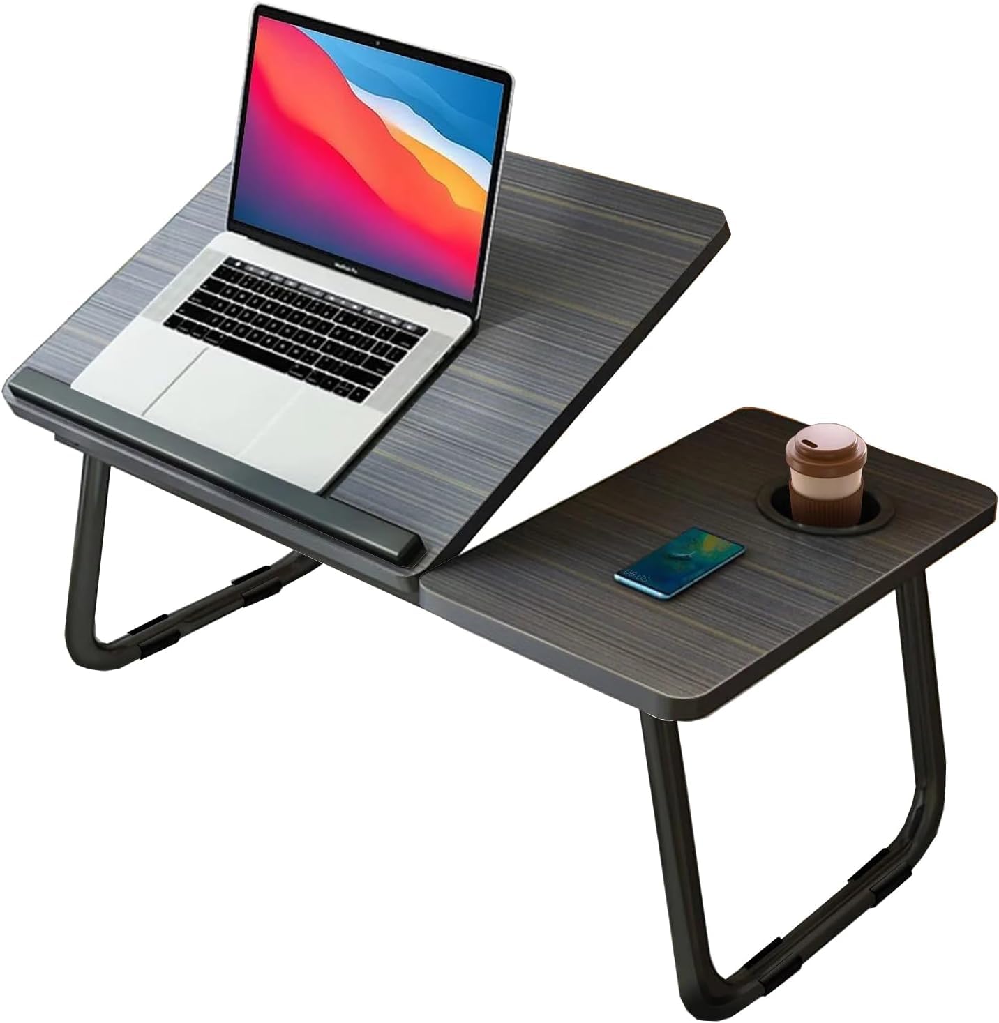 KKTECH Laptop Tray with Adjustable Angle, Space-Saving Bed Table with Foldable Legs, Cup Slot, Book Holder, Reading Stand, Versatile Laptop Table for Bed Use (BLACK)