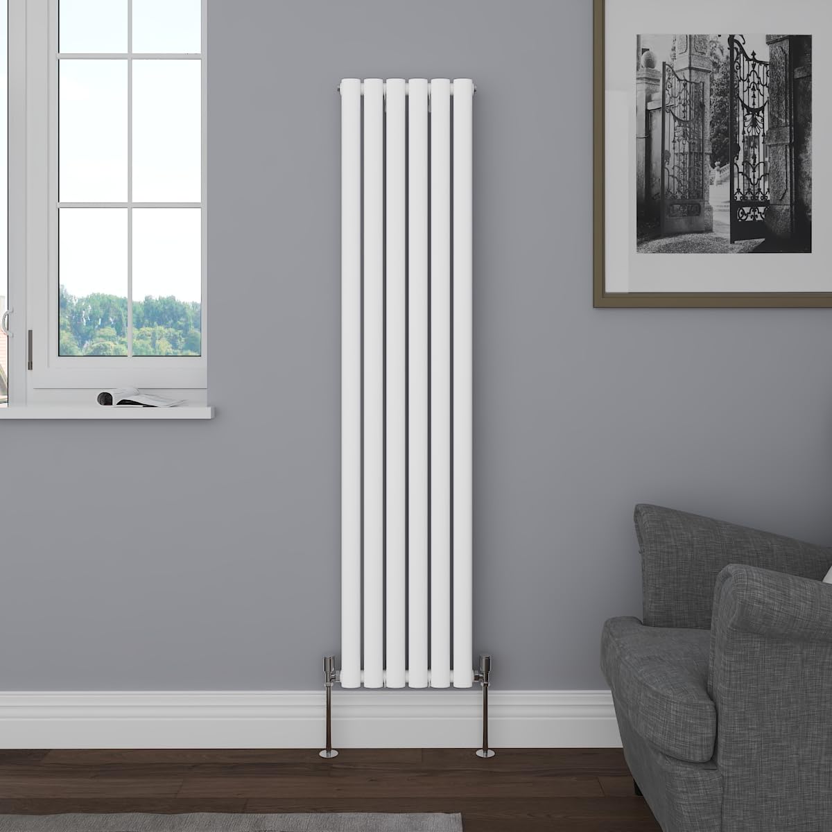 NRG Vertical 1600x354 Oval Column Designer Radiator Bathroom Central Heating Single Panel Gloss White — image 1