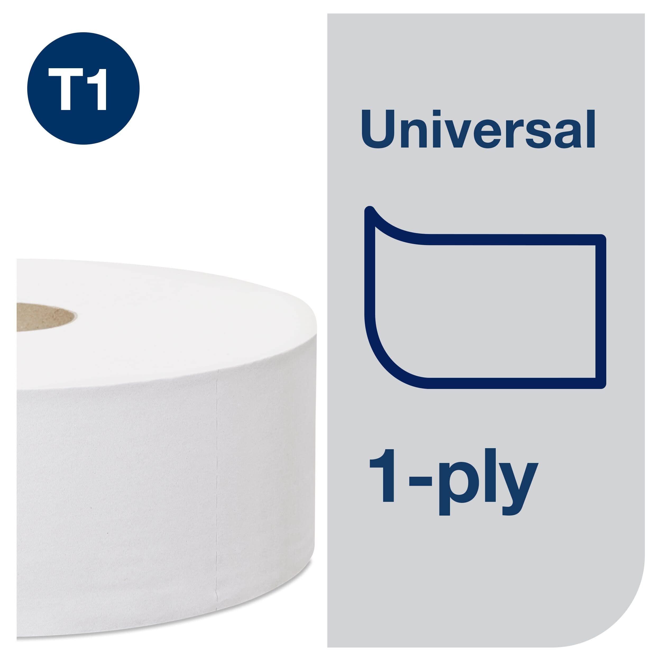 Tork 472117 Rollos de papel higiénico Jumbo de larga duración de 1 capa compatibles con el sistema higiénico Jumbo Tork T1, 6 rollos (6 x 3.250 hojas)