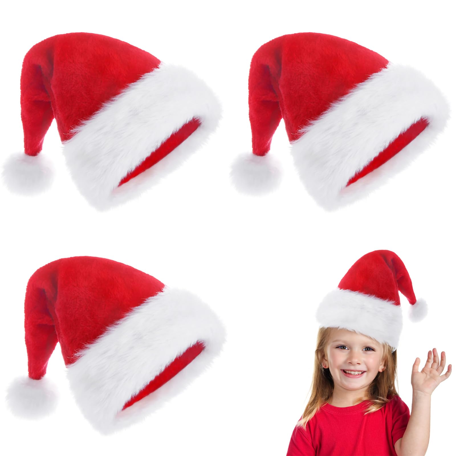 POPOYU 3Pcs Red Christmas Hats for Kids,Luxury Santa Plush Claus Hats,Fancy Dress Costume,Velvet Comfy Outfit New Year Xmas Party Supply,Thicken Classic Fur Decoration