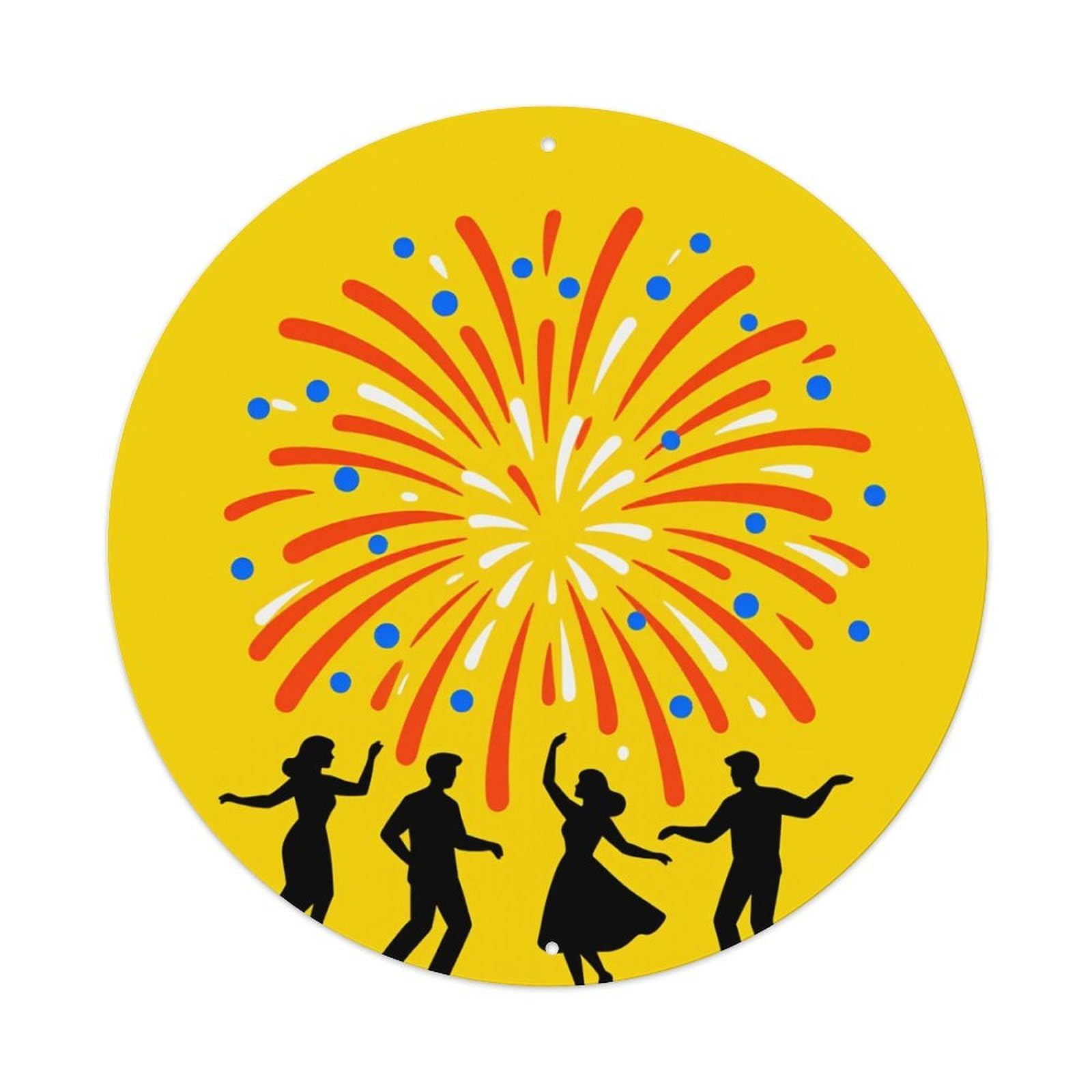 Fireworks Celebration Silhouettes Dance Joy Round Tin Sign Retro Metal Sign for Cafe Bar Pub Home Game Room Gym Club Wall Decoration Vintage Metal Poster 8x8 Inch