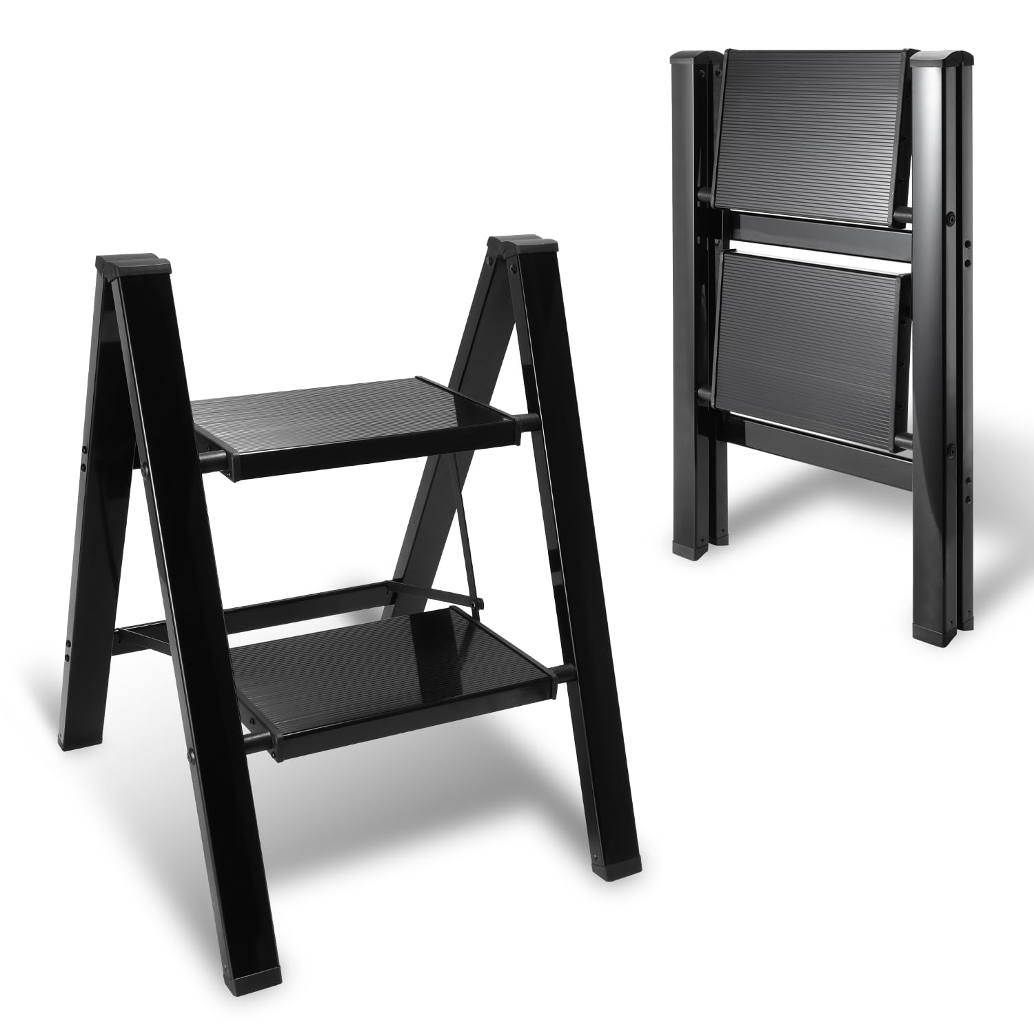 Escalera plegable de 2 peldaños, con pedal ancho antideslizante, con capacidad de 150 kg, para el hogar, ligera, resistente, fácil de guardar, color negro