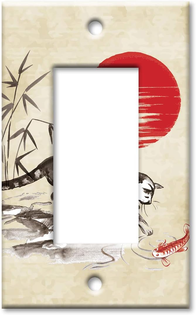 Art Plates 1-Gang Rocker (Decora) OVERSIZE Switch Plate - OVER SIZE Decorative Metal Wall Plate - Cat and Koi Drawing - (Made in USA)