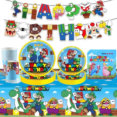 Super Bros - Juego de vajilla de fiesta para niños, decoración de cumpleaños de Super Hermano, suministros de fiesta para niños, con pancarta de feliz cumpleaños, platos, mantel, servilletas para