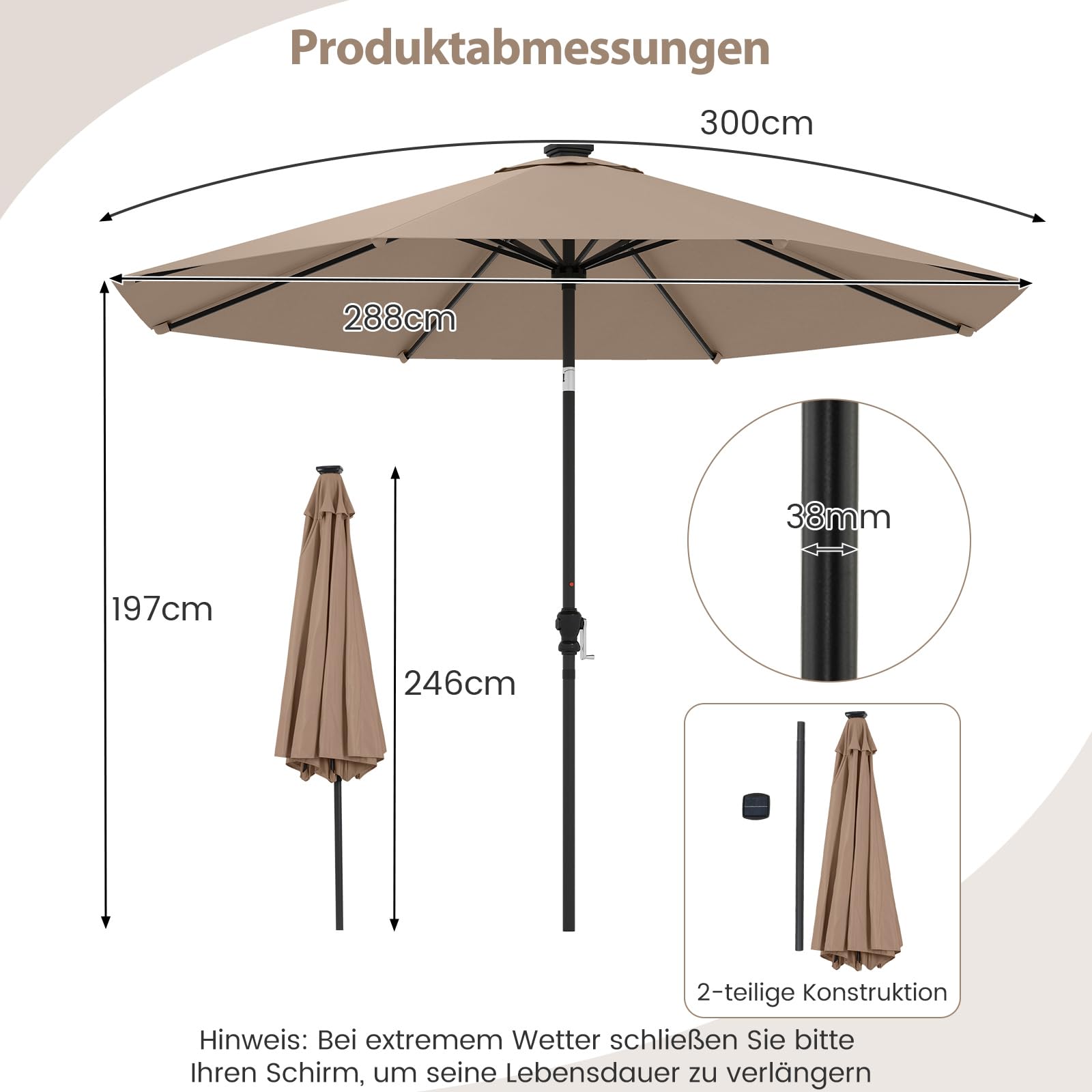 COSTWAY Parasol przeciwsłoneczny 300 cm z oświetleniem solarnym LED, 9 trybów oświetlenia, parasol ogrodowy z korbą, obustronnie zginany o 35°, parasol tarasowy, do ogrodu, na balkon, taras