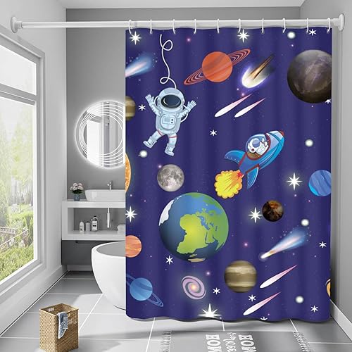 Khelo - Cortina de ducha para niños - Astronauta del espacio exterior - para niños, niños - Tela de poliéster impermeable, antiarrugas, cortina de