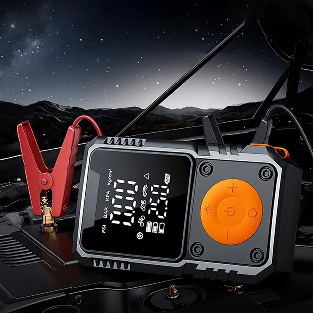 Avviatore portatile per auto, con compressore d'aria, booster da 12 V e kit di gonfiaggio pneumatici, 7200 mAh (4 x 1500 mAh)