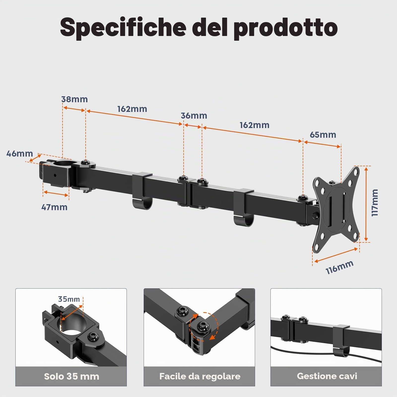 PUTORSEN Braccio singolo per monitor da 17-32" per supporto da scrivania, braccio per monitor completamente regolabile per 1 schermo, carico massimo 19,8 bs, VESA 75 x 75 mm e 100 x 100 mm, nero