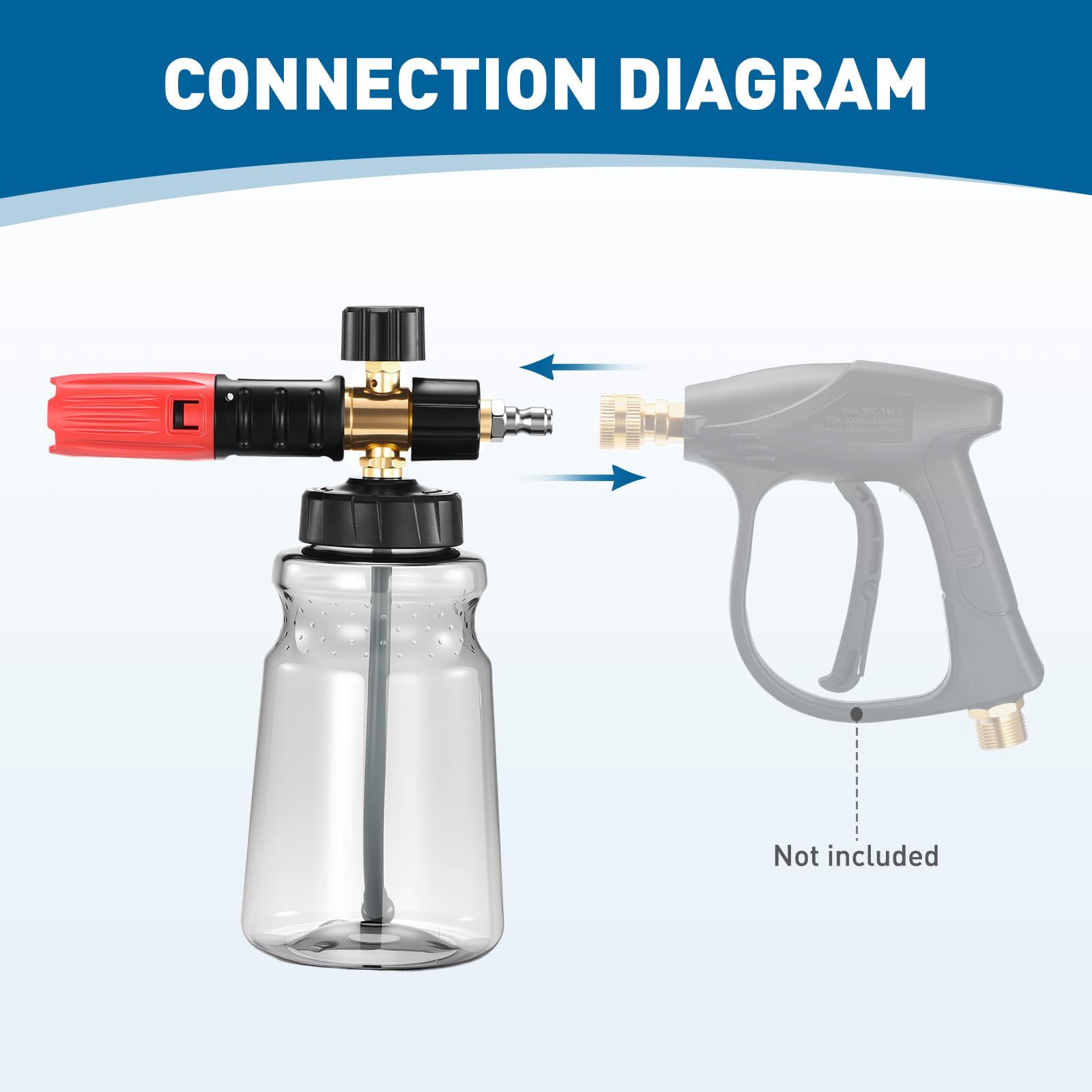 Lata de espuma para lavadora a presión, dispensador de jabón de espuma gruesa de 1 litro para lavado de automóviles con espuma gruesa ajustable con conector rápido de 1/4 pulgadas, malla