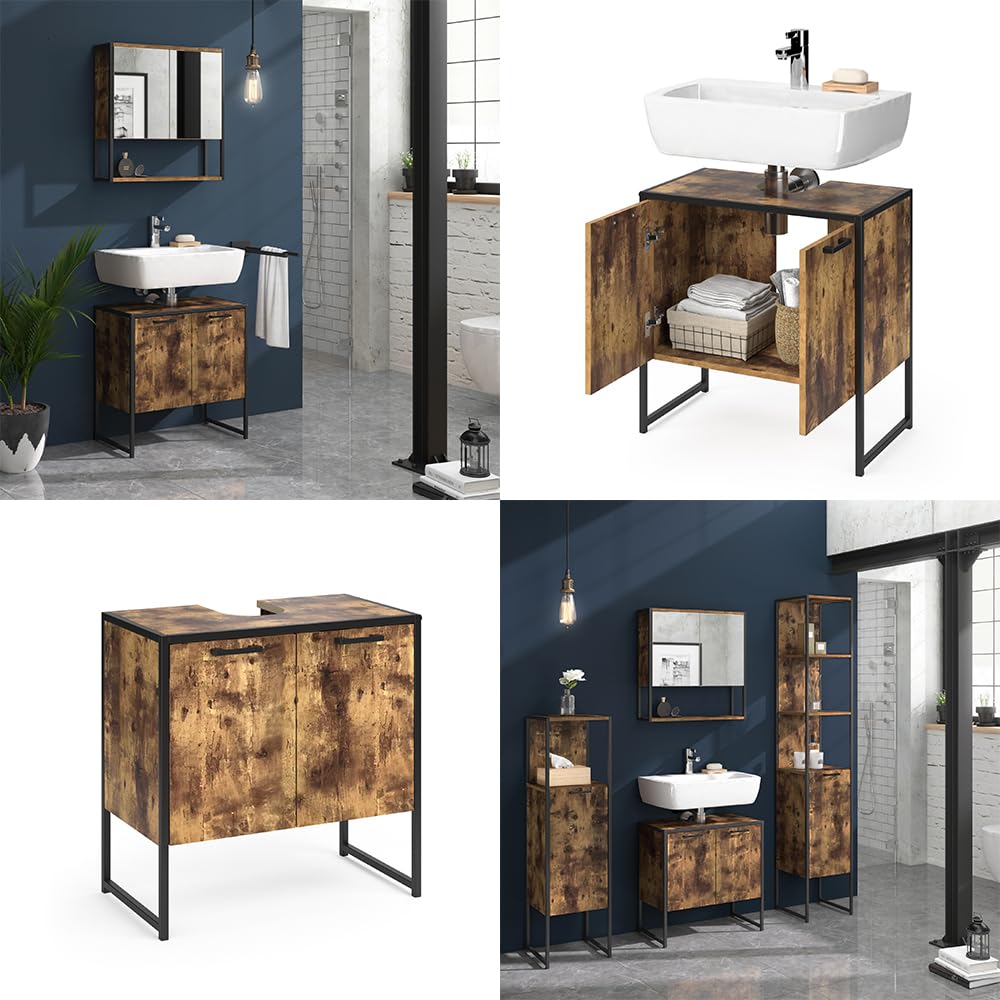 Vicco Mobile sottolavabo per bagno Fyrk, Legno antico, 60 x 60 cm, con intaglio per sifone per il montaggio sotto il lavandino