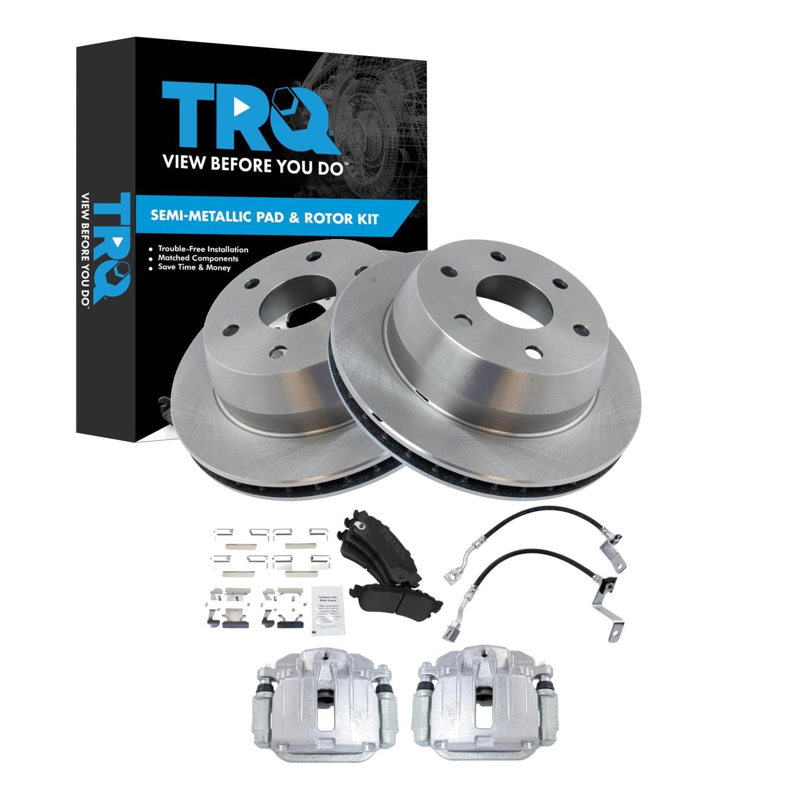TRQ Rear Brake Pad and Rotor Set Semi Metallic Calipers Compatible with 2001 Chevrolet Silverado 1500 Sierra 1500