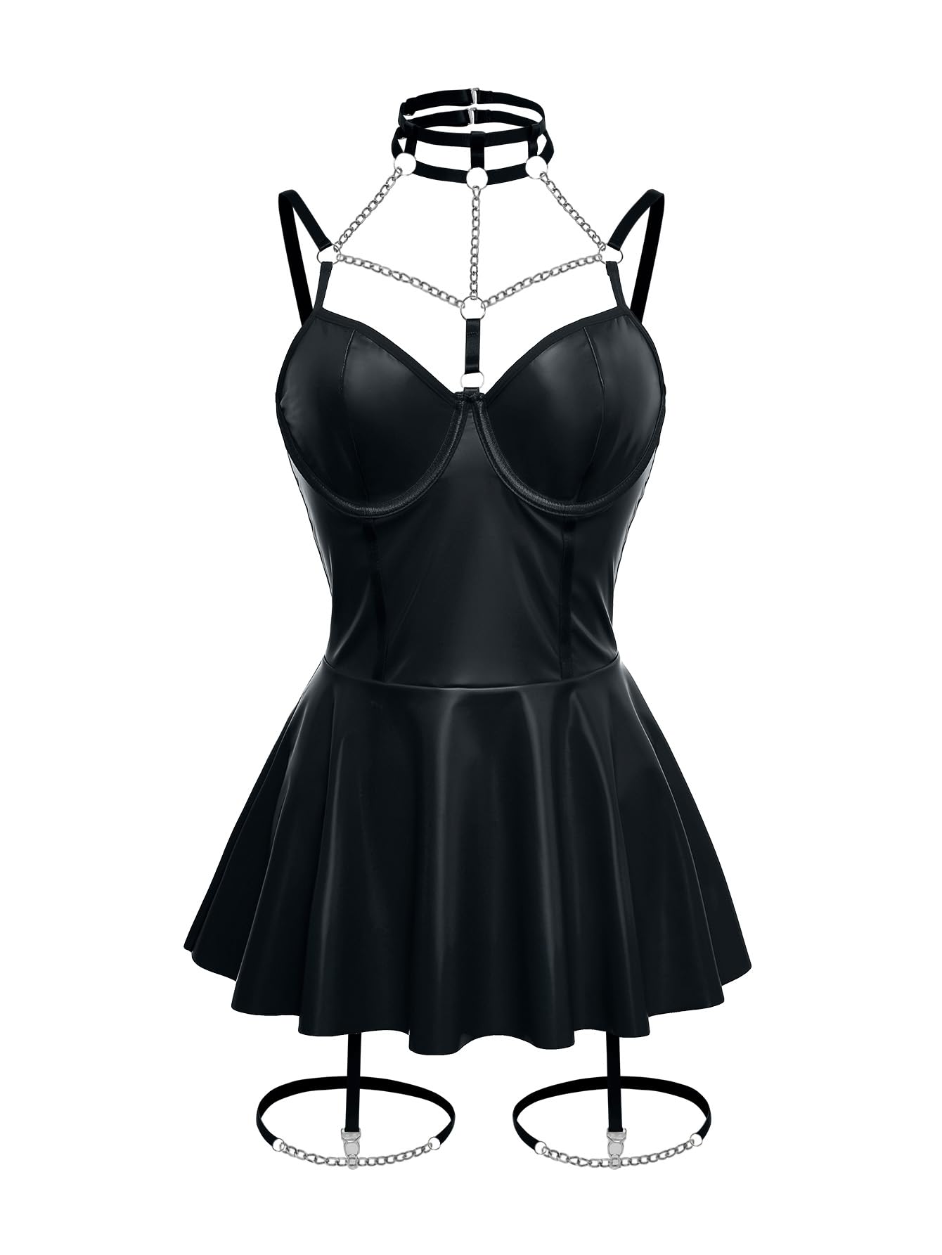 Foxiny Sexy Strappy Leather Underwire Choker Garter Belt Mini Lingerie Set Dress with Thong 3 Piece: 6X-Large Red Velvet