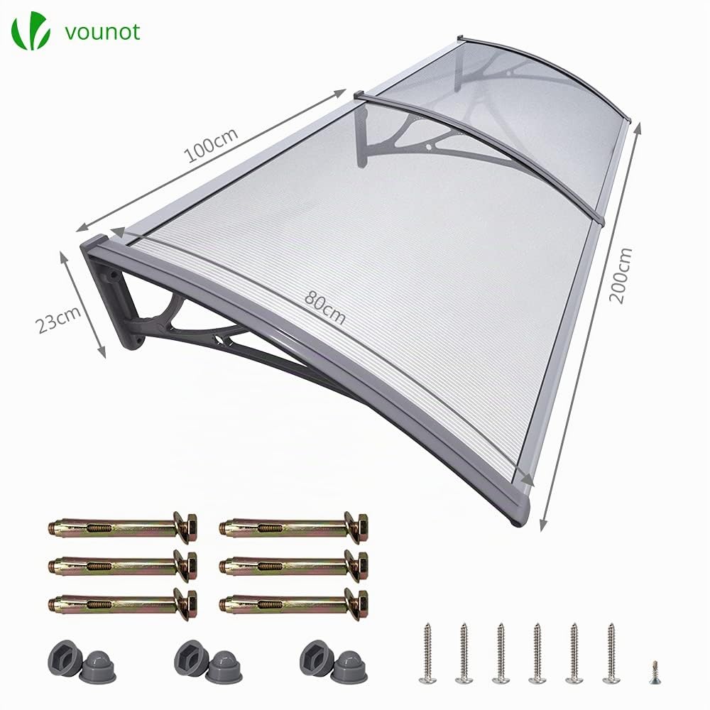 VOUNOT® Marquesinas Exterior para Puertas y Ventanas, 200 x 80 cm Tejadillo de Protección, Toldo Cubierta de Policarbonato en Jardín, Gris
