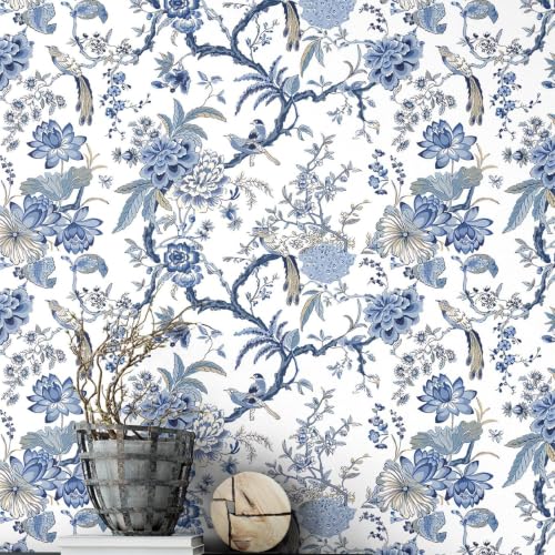 Drydiet Chinoiserie Peel and Stick Wallpaper,15.75" X 197",A,Blue and White