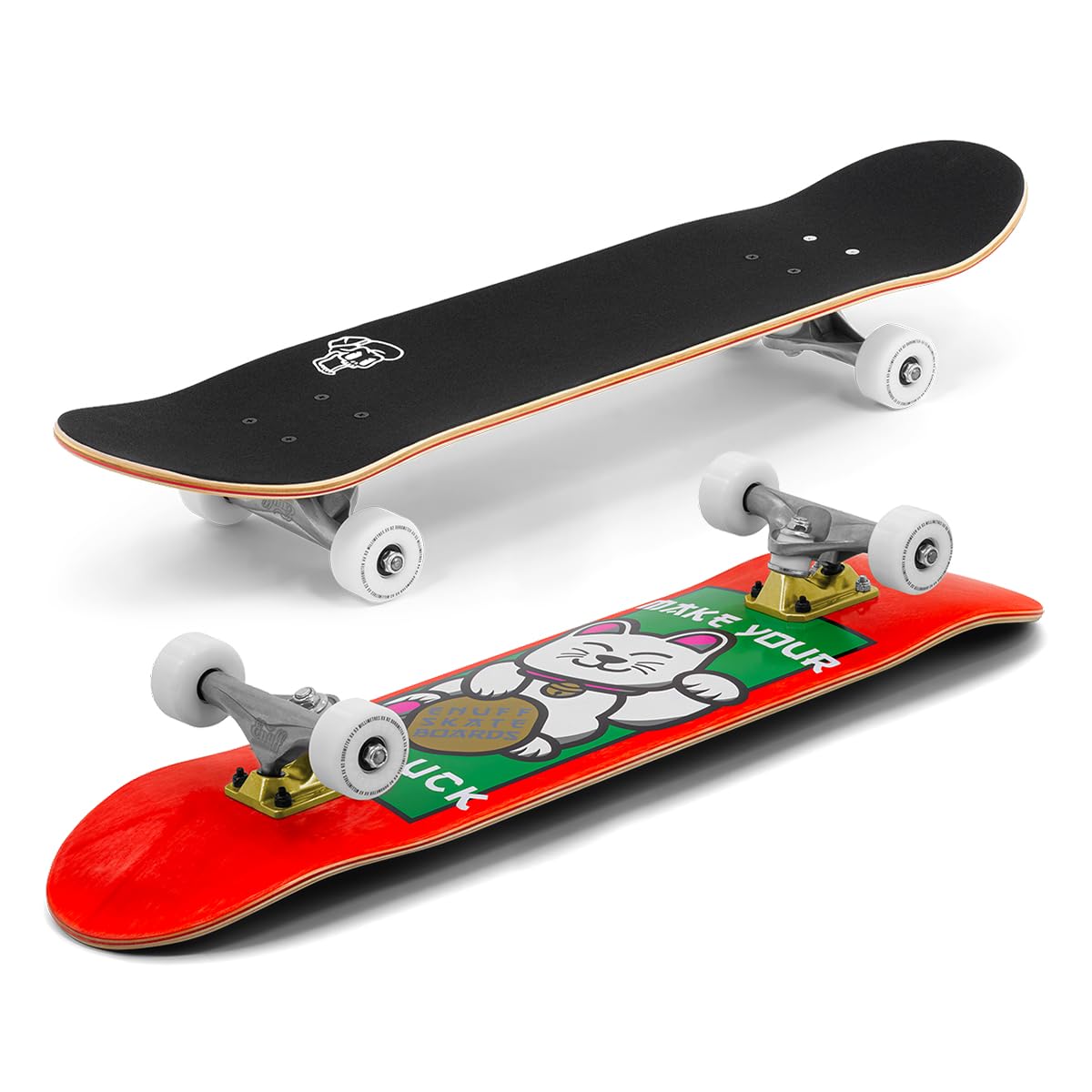 Enuff Lucky Cat Complete Skateboard - 7-warstwowy klonowy pokład i komponenty premium: Decade Pro Trucks, koła 53 mm XX, łożyska ABEC-9, taśma z uchwytem ikony czaszki