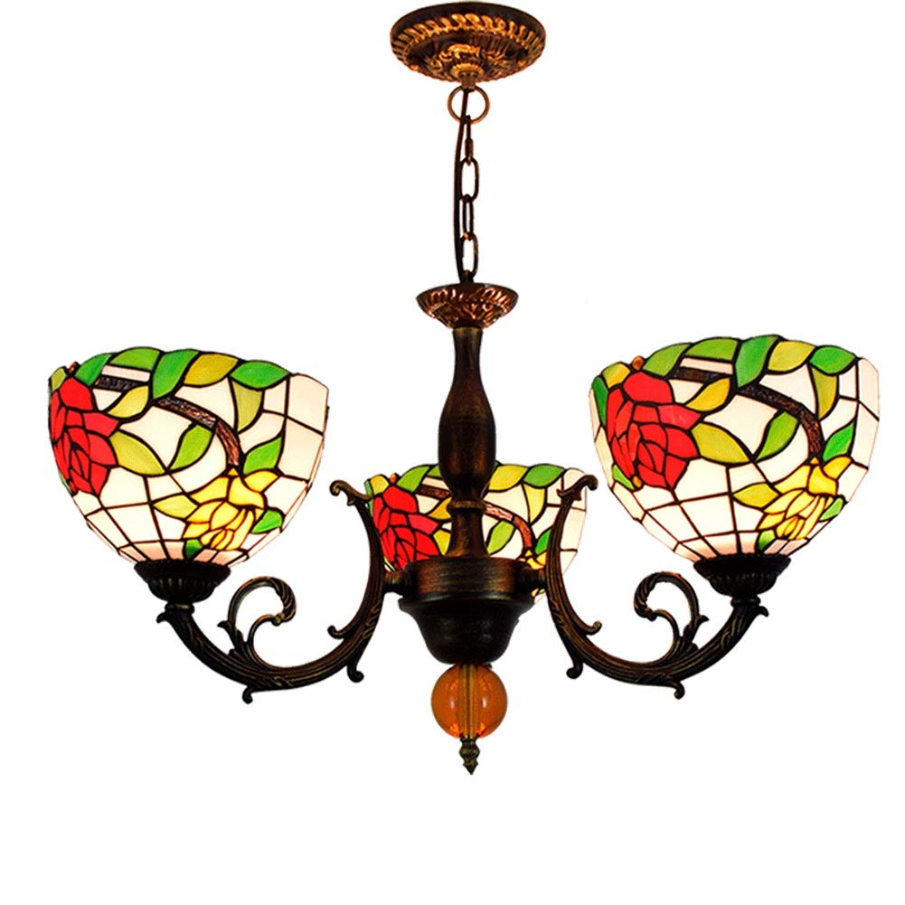 HPTHLY Ceiling Pendant Light Fixture 8 Inches Tiffany Style Chandelier Stained Glass Pastoral Rose Lamp Shades 3 Arms Chandelier With Inverted Ceiling Pendant Lamp