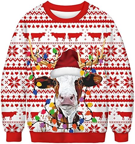 Roevite Long Sleeve Christmas Sweatshirts for Womens Mens Caw with Christmas Hat Funny Christmas Sweater Crew Neck Top(T183,LXL)