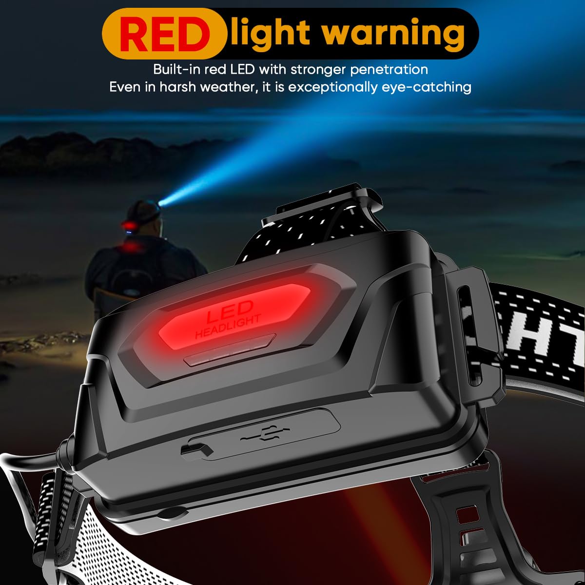 Lampada frontale a LED, ricaricabile, USB, estremamente luminosa, 10000 lm, 3 modalità, ricaricabile, con sensore, IP65, impermeabile, con angolo di 90°, regolabile per la pesca e la corsa