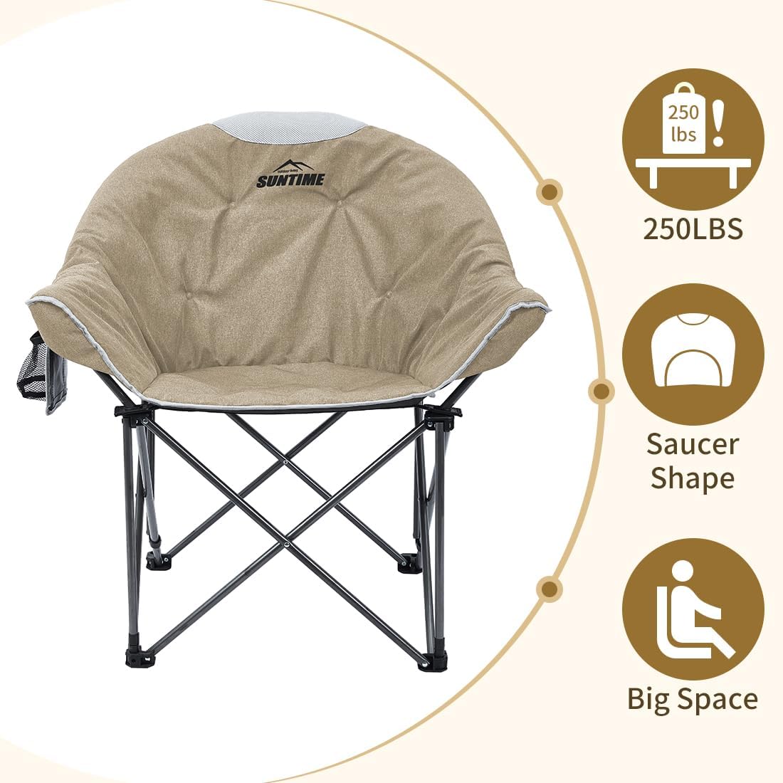 OUTDOOR LIVING SUNTIME Oversized Padded Camping Chair,Portable Comfy Outdoor Folding Moon Round Saucer Chairs for Adults with Holder and Carry Bag, Perfect for Hiking Lawn Patio Sports（Beige 2 Pack）