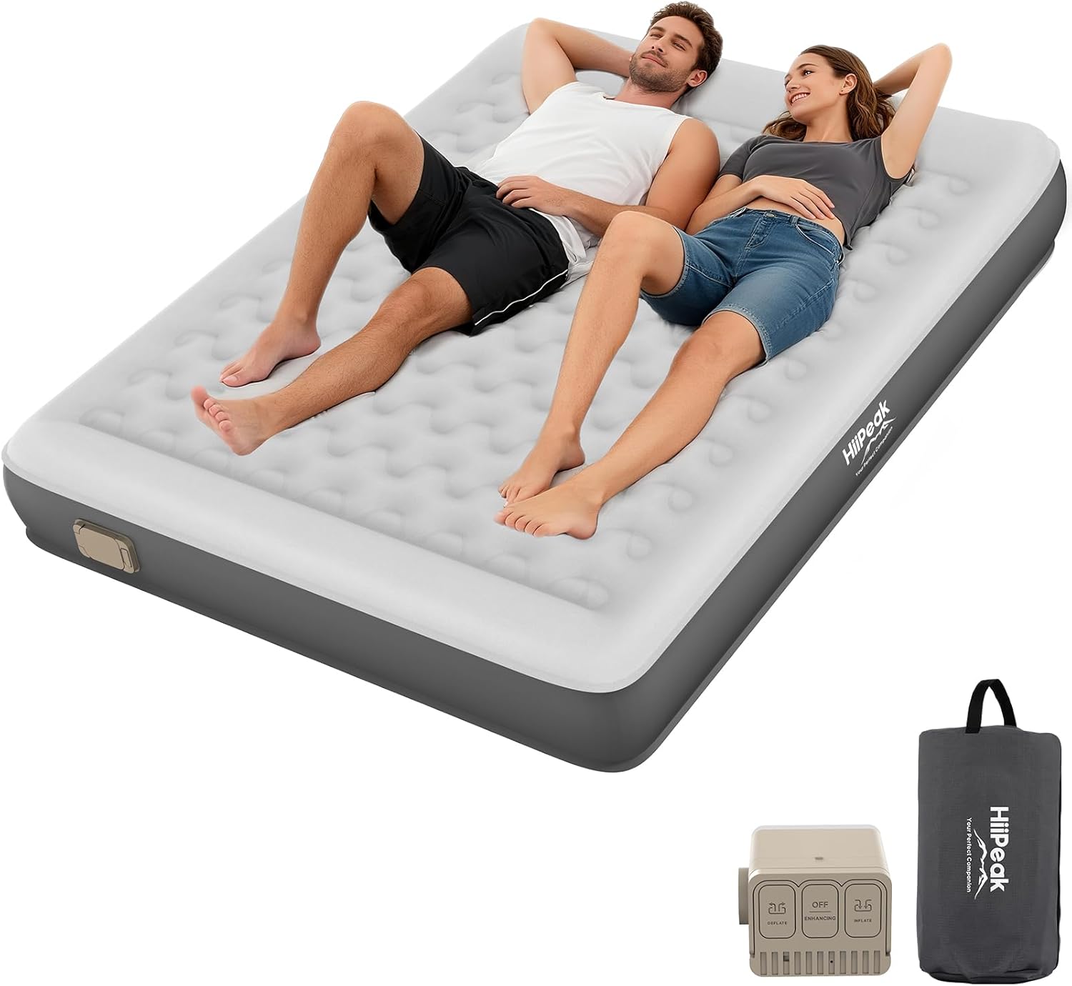 HiiPeak Queen Air Mattress Bed with Removable Multi-function Air Pump, Self Inflatable TPU ECO Blow Up Bed, All Night Stability No Lost Air, No Peculiar Smell for Camping, Home, Guests Portable Travel