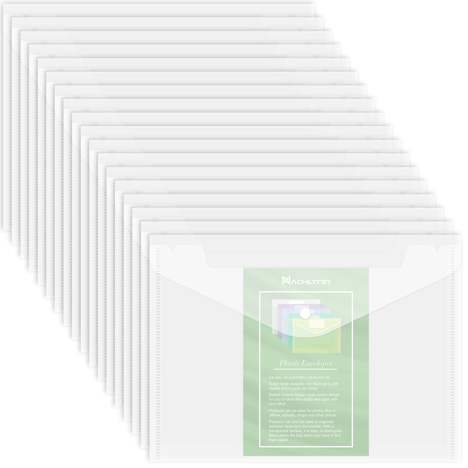 NACHLYNN 18 Pack Plastic Envelopes Poly Envelopes with Snap Closure A4 Size Clear Document File Folders Organizers Clear Envelope for School Office