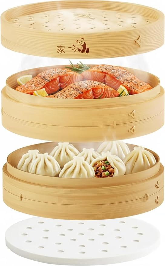 Prime Home Direct Bamboo Steamer Basket 10-Inch | 2-Tier Steamer for Cooking | 50 Liners, Chopsticks, Sauce Dish | Steaming Asian Food, Bao Buns, Chinese, Dim Sum, Dumpling, Rice, Vegetable Steam Pot