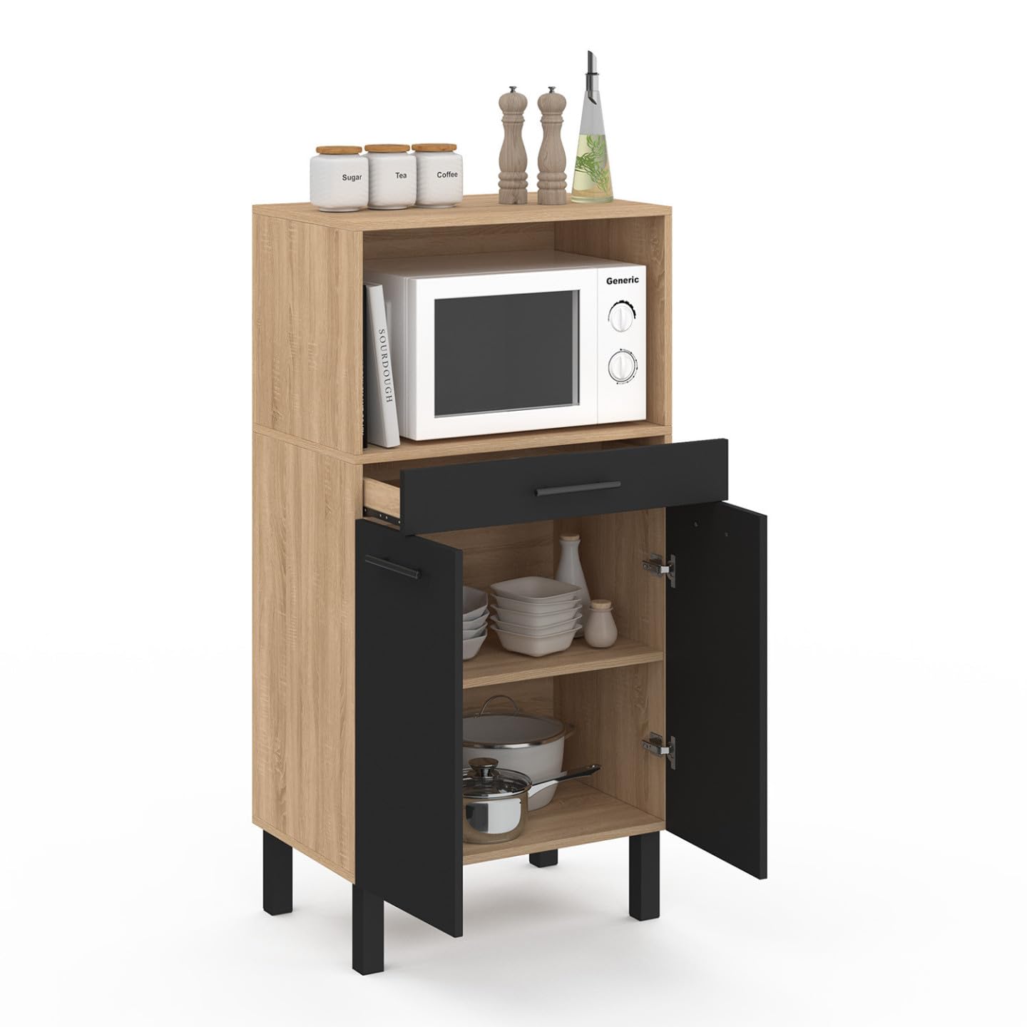 IDMarket - Buffet mi-Haut de Cuisine pour Micro-Onde 60 cm CINA 1 tiroir 2 Portes façon hêtre et Noir