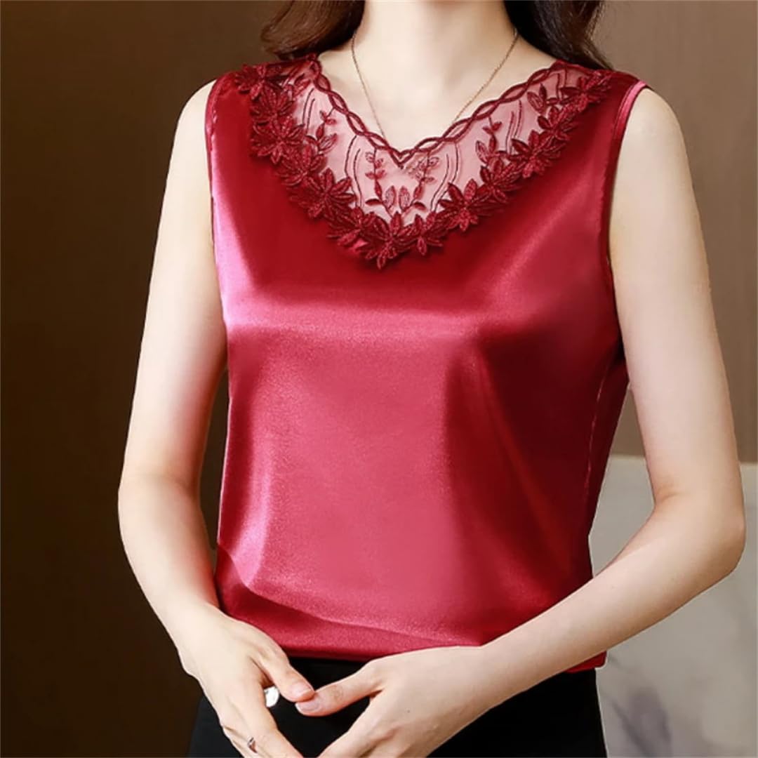 Donne Fiore Ricamo Senza Maniche Seta Camicette Estate Solido Pizzo Top