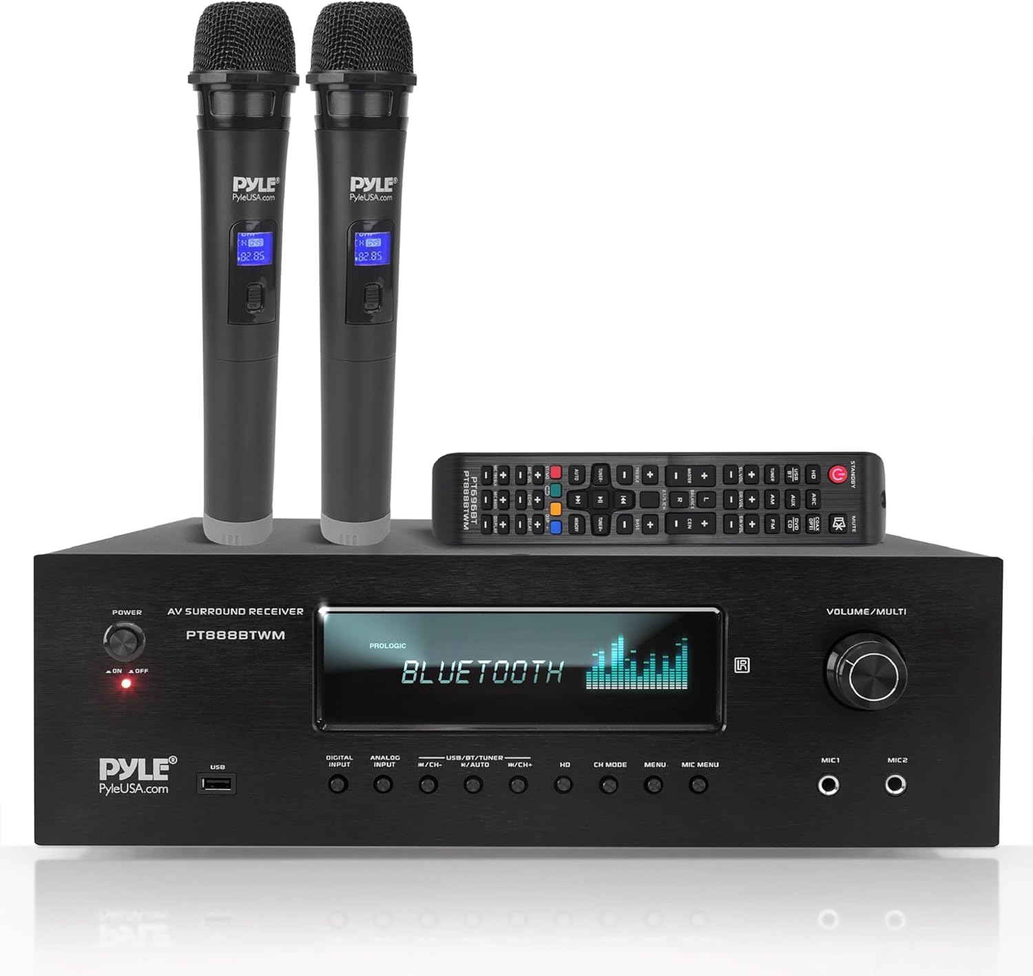 Pyle Wireless BT Streaming Home Theater Receiver - 5.2-Ch Surround Sound Stereo Amplifier System w/ 4K Ultra HD Support, MP3/USB/AM/FM Radio (1000 Watt MAX), w/ 2CH UHF Wireless Microphone