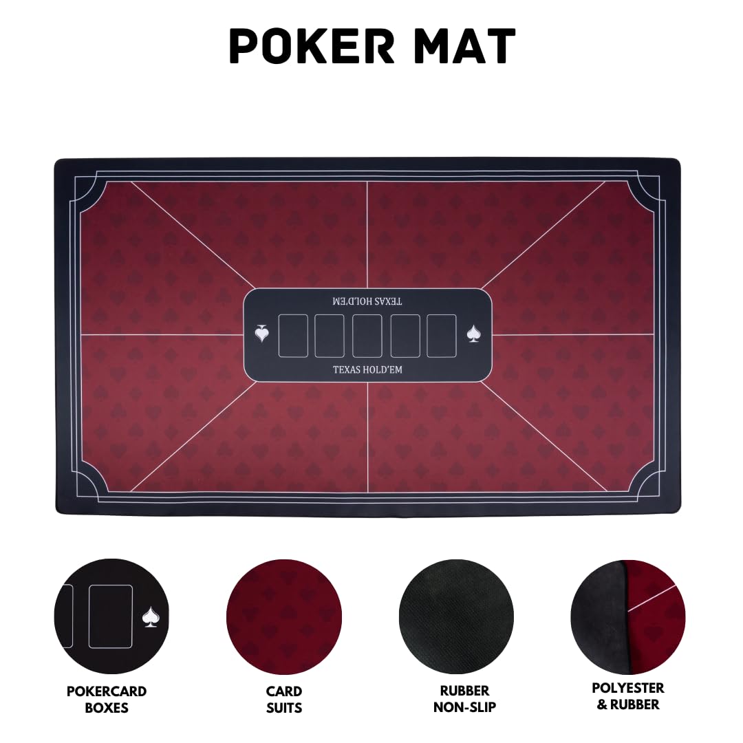 Tapete de Póker Texas Hold’em Rojo 138 × 79 cm – Poliéster + Goma Antideslizante – Plegable
