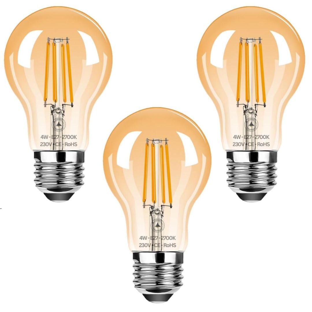 3 Pack,LED E27 Filament Edison Bulb, Dimmable 4W Energy Saving Bulbs, Retro Glass A60 LED Bulbs,40W Equivalent, 450Lm, 2700K Warm White A60 Clear Filament Bayonet Cap,