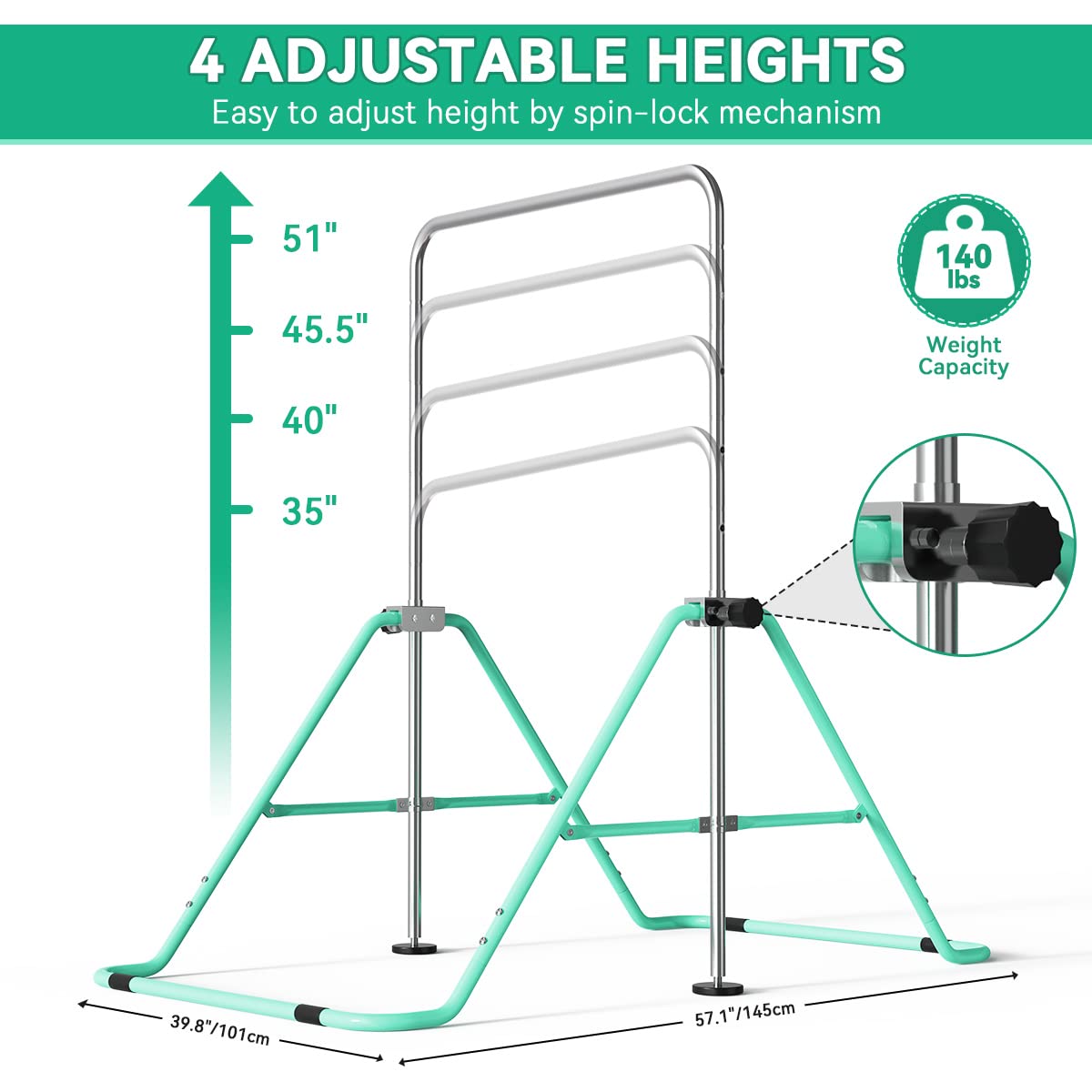 FBSPORT Gymnastics Bar for Kids, Foldable Adjustable Height Horizontal Bar, Gymnastic Training Equipment for Home Gym Indoor and Outdoor Use, Supports 140lbs