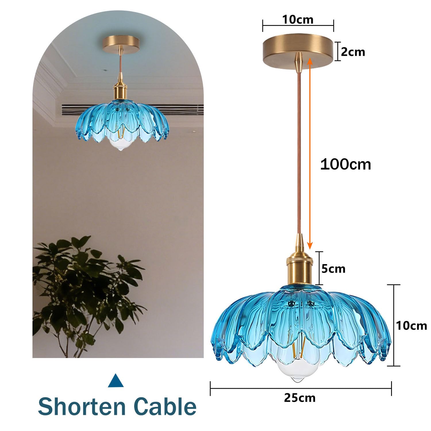 iDEGU Lampada a Sospensione in Vetro, 25CM Lampadario a Sospensione Vintage E27 Plafoniera Retrò Paralume Vetro Creativo Lampada da Soffitto per Soggiorno Isola Cucina Sala da Pranzo (Blu)