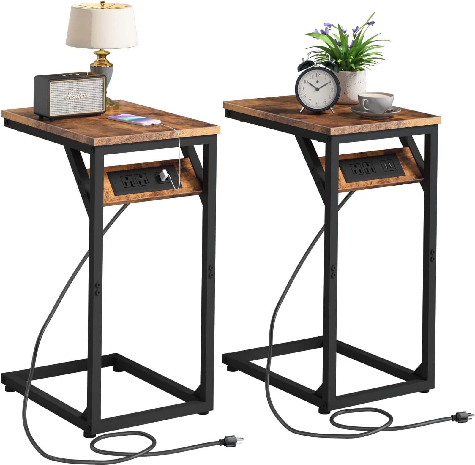 NONGSHIM Side Table Set of 2, Slim C Shaped End Table with Charging Station, Small Snack Table for Living Room, Bedroom, Sofa Table with USB Ports and Outlets for Small Spaces, Rustic Brown