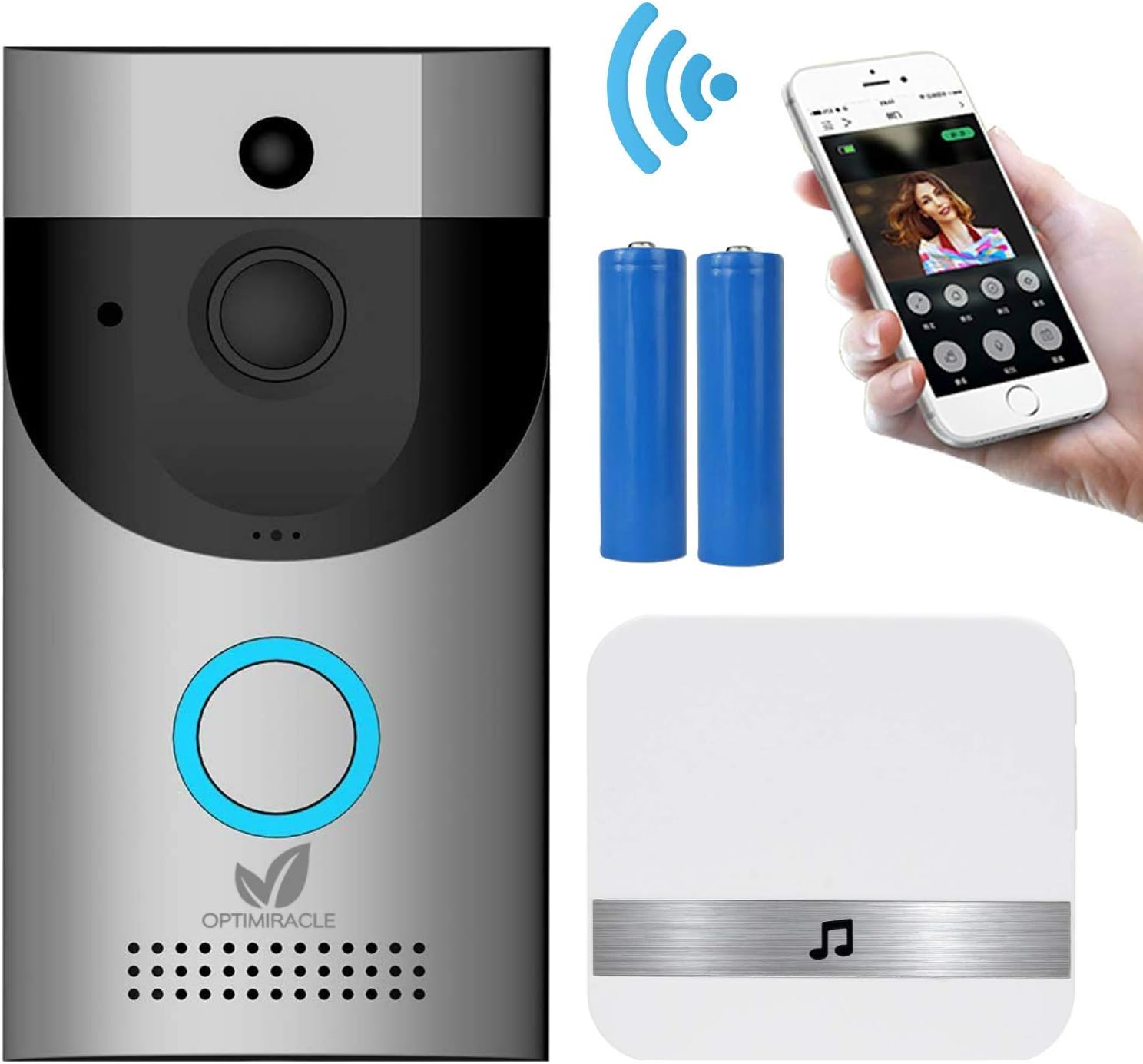 Video Doorbell Camera with Chime bell & Battery WiFi smart doorbell camera 720P HD wireless CCTV home security two way talk IR night vision PIR motion detection sensor 166° lens Cloud APP control