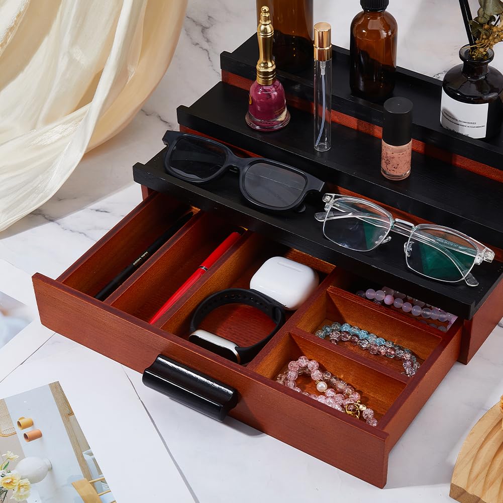 DICOSMETIC Organizer per acqua di colonia, in legno, per uomini, 3 piani, colonia, supporto per acqua con scomparto nascosto e cassetto in legno, organizzatore per profumi da scrivania, scaffale per