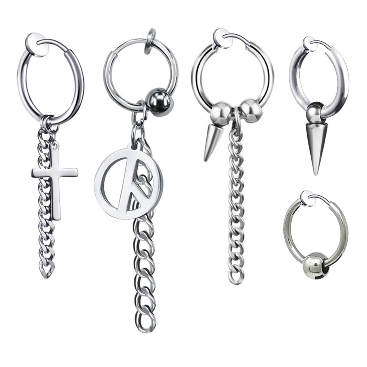 ALOHAMONI (アロハモニ) BIGBANG G-DRAGON ジードラゴン 着用タイプ フープピアス 5個セット チェーン クロス スパイク ピース ボール デザイン ビッグバン 十字架 鎖 シルバー フープ リング レディース メンズ ユニセックス 韓国 オルチャン (イヤリング)