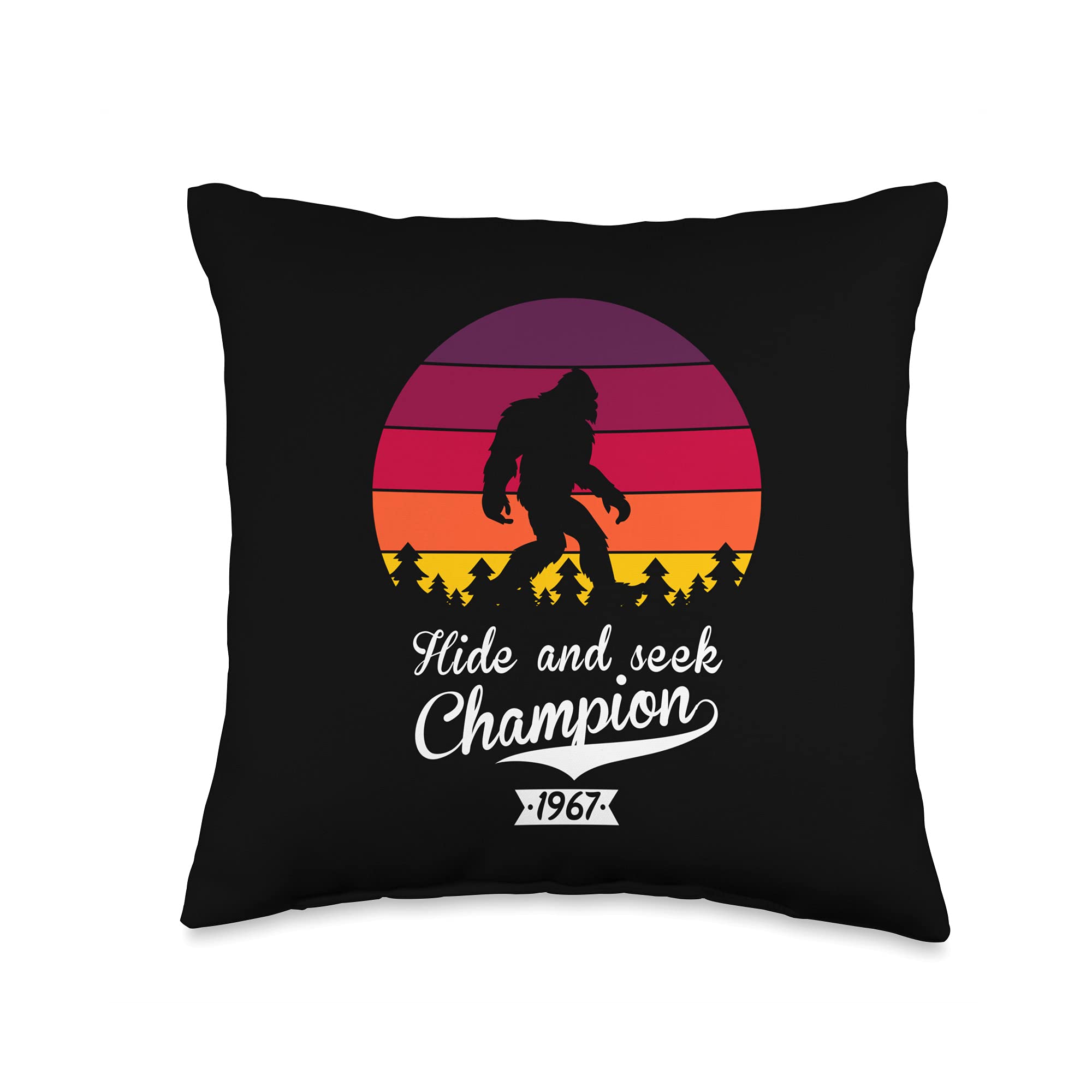 ManicMerchant Bigfoot Hide and Seek Champion Retro 1967 Funny Throw Pillow, 16x16, Multicolor