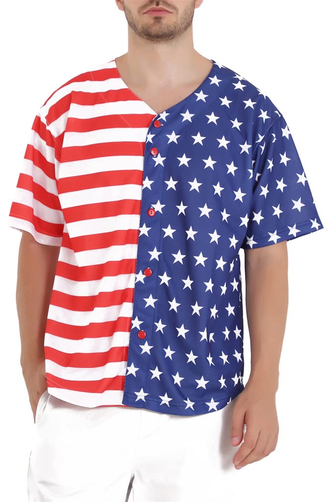 Men's Flag Blank Baseball Button Down Jersey Short Sleeve Hipster Hip Hop Shirts