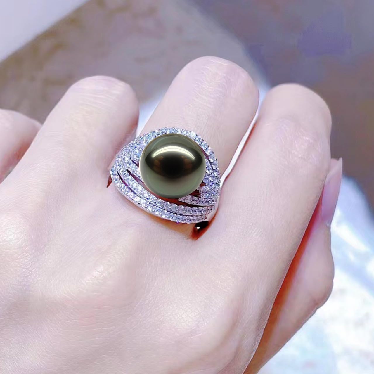 Anniversary Birthday Gift for Wife-Tahitian-Black-Pearl-Rings-Gifts for Women Wedding Mom Her Mothers Day Valentines Day Christmas-18K Gold Plated Sterling Silver Ring Fine Jewelry
