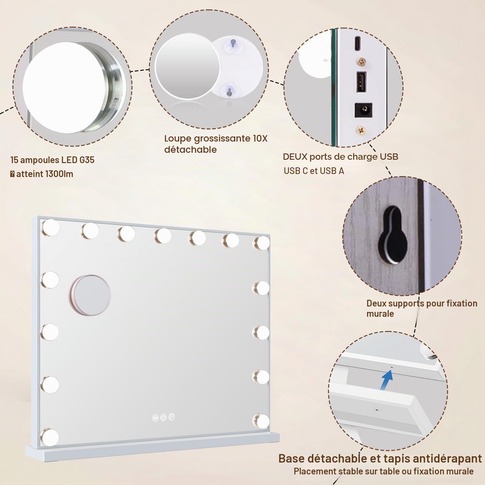 FENCHILIN Miroir Maquillage Hollywood avec Port de Charge USB 15 Ampoules LED Grand Miroir cosmétique avec 3 Modes déclairage Miroir de Table Blanc 58x46 cm