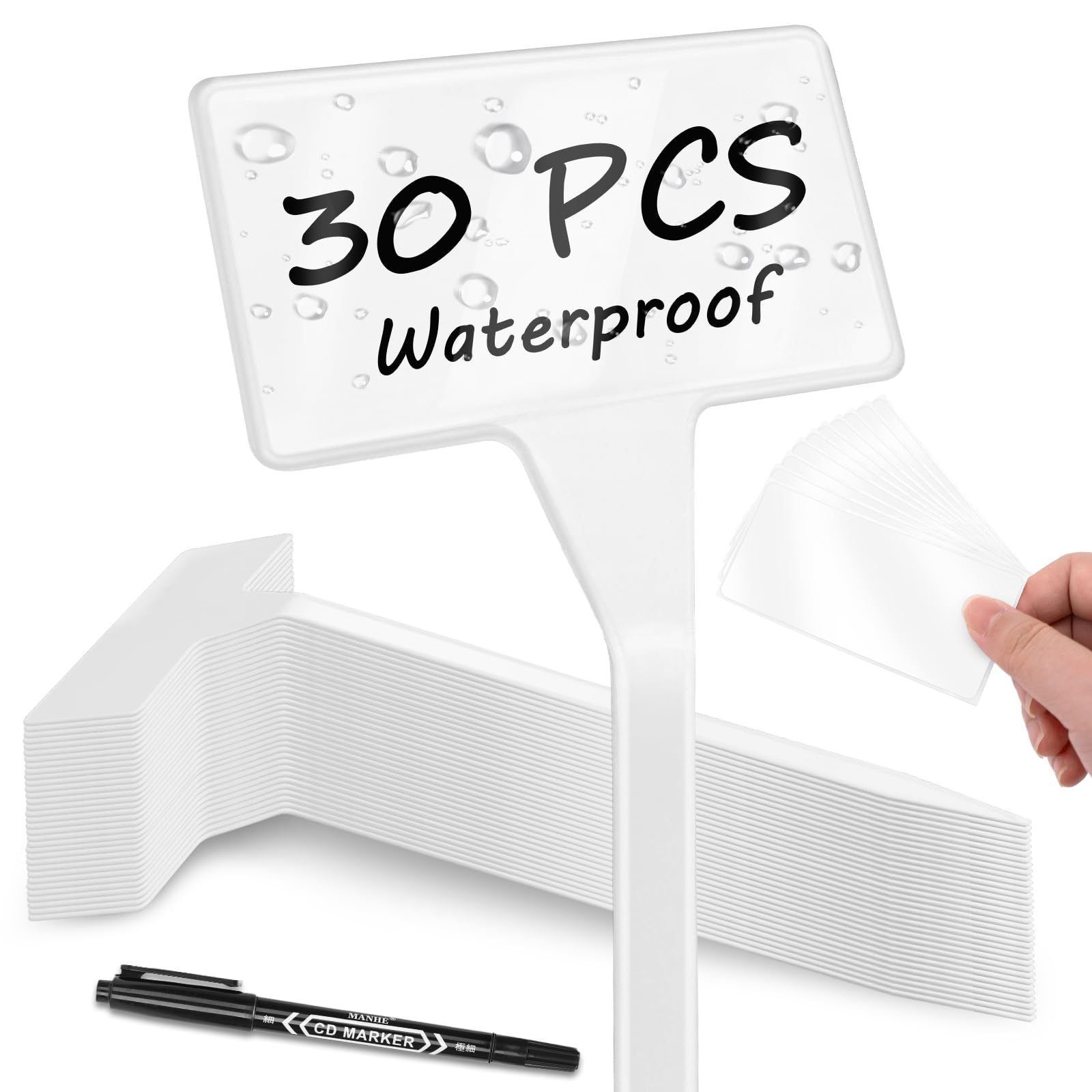 KINGLAKE 30Pcs Tall Plastic Plant Labels with Pen and Waterproof Film for Outdoor Plants, Large White Curved T-Type Plant Markers Garden Name Tags for Herbs Vegetables Seedling Flowers, 30x9x4.7cm