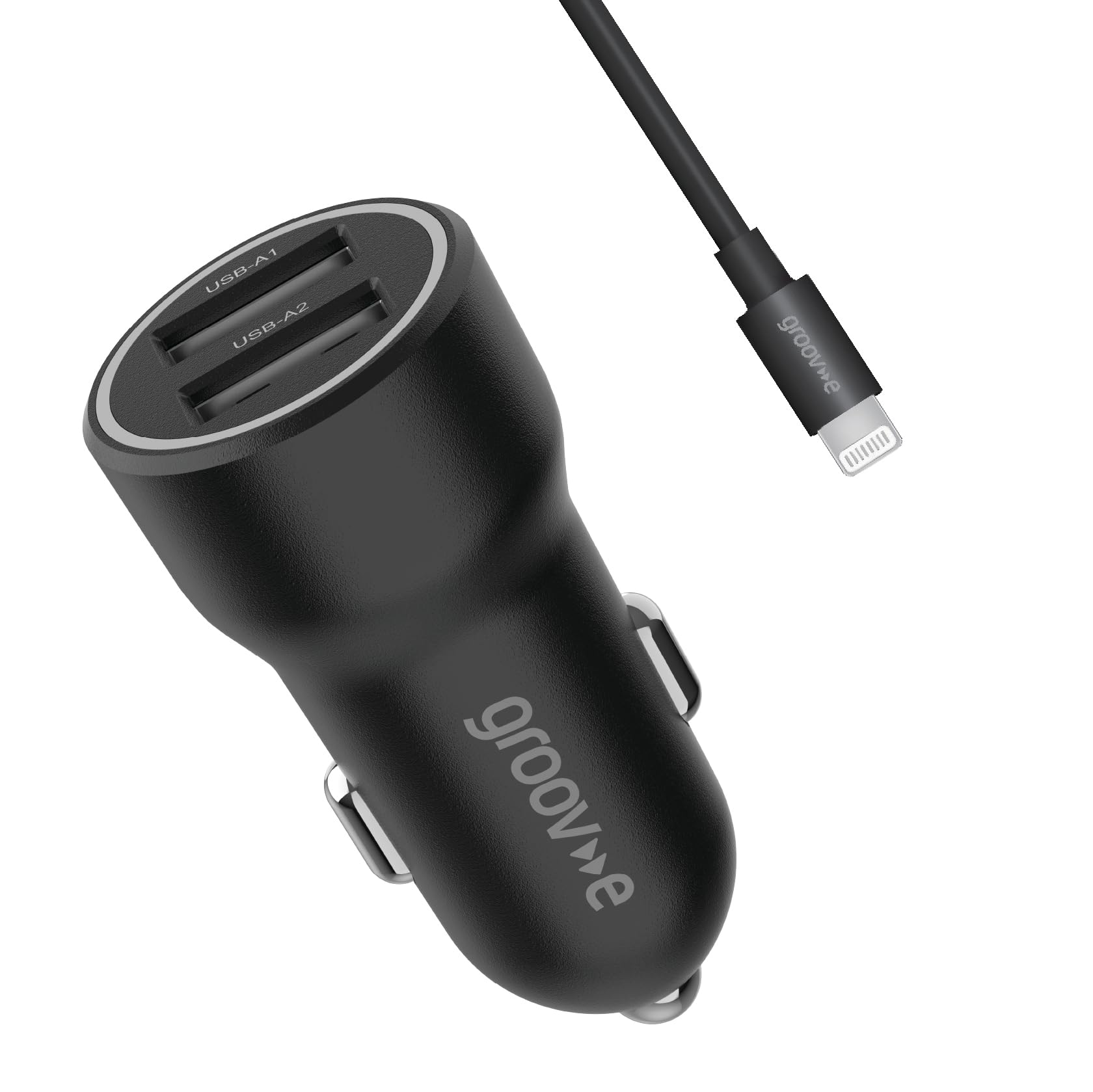 Groov-e USB-A In-Car Charger 12W with 1M Lightning Cable - Car Charger for Lightning Connector Devices, Fits 12V and 24V Sockets - Black